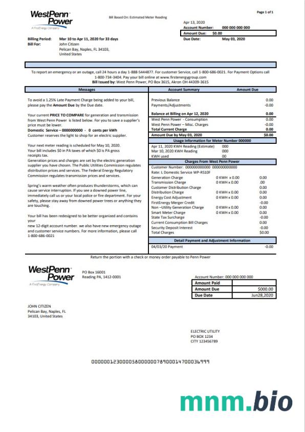 USA Pennsylvania West Penn power rachunek za media szablon w formacie Word i PDF